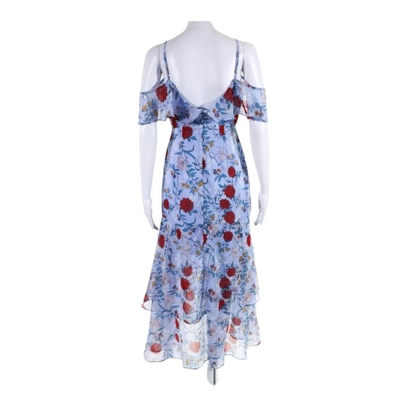 NWT Bardot x Revolve Blue Floral Cold Shoulder Ruffle Hi Low Midi Dress XS - Picture 13 of 16